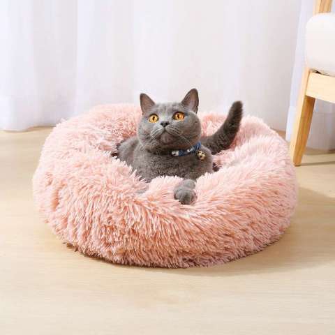 Long round rosewood calming dog bed cord plush pet bed